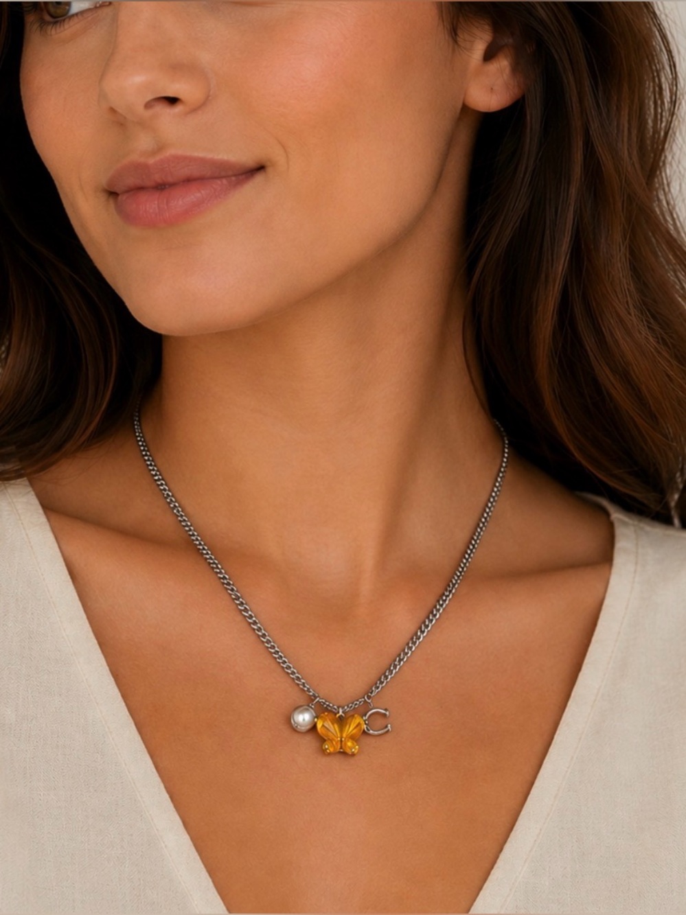NWT Coach Silver-Tone Chain Necklace with Amber Butterfly , Pearl and C Charms